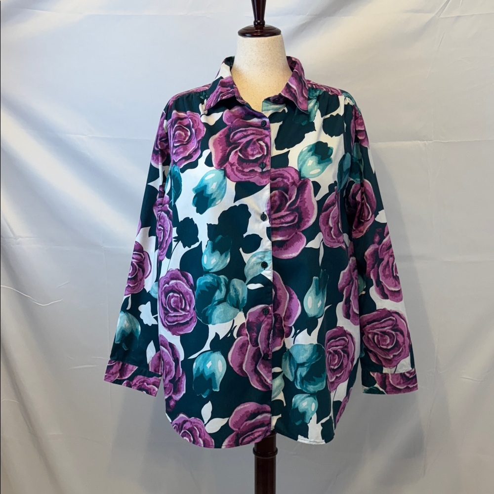 Roaman's Purple and Teal Floral Button Down Shirt